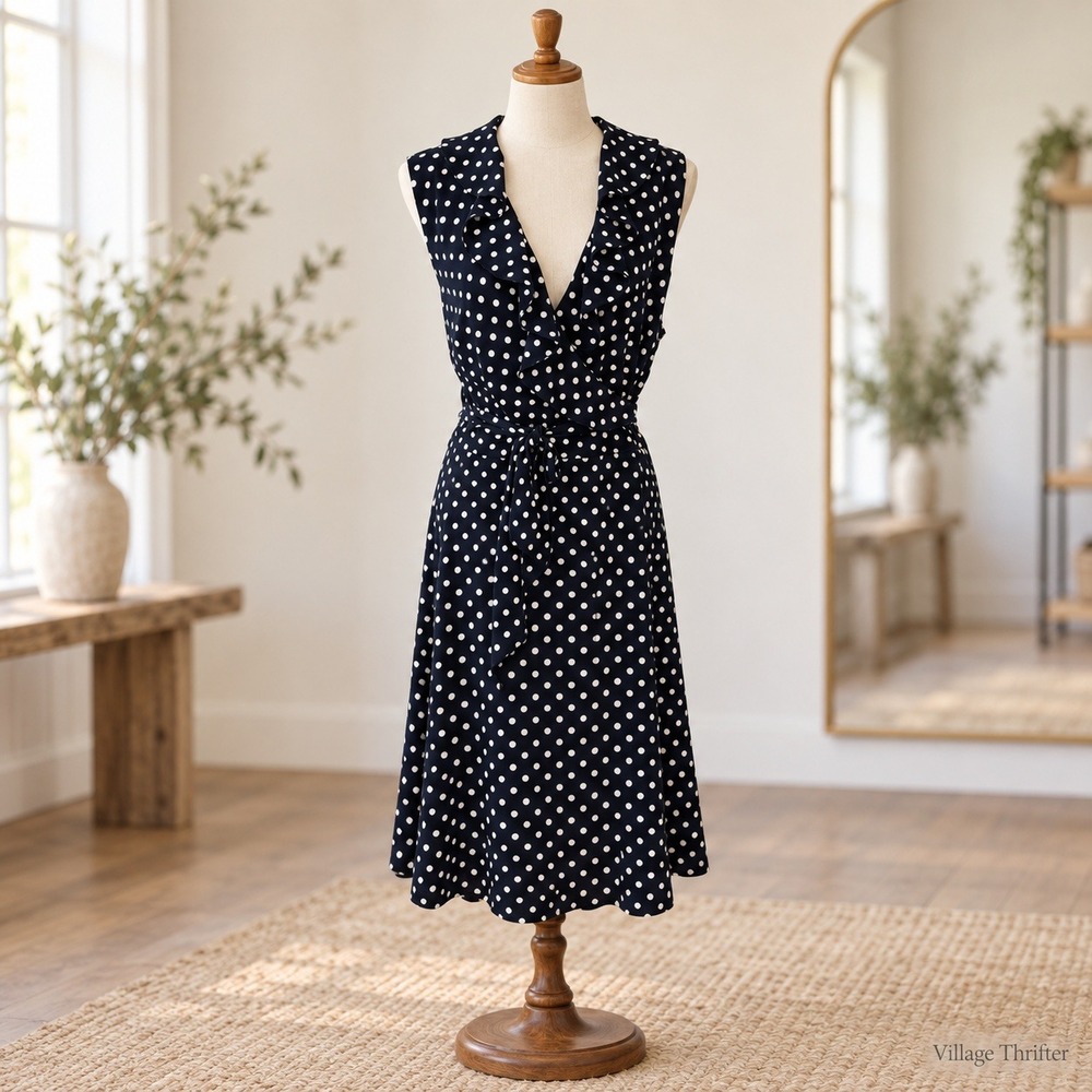 Chaps Sleeveless Dress Womens XL Navy Blue Polka Dot Ruffle Faux Wrap Midi Retro